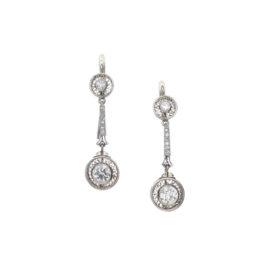 Art Deco 18KT White Gold Diamond Drop Earrings front view