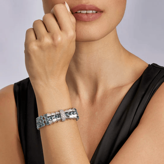 Tiffany & Co. & Verger Frères French 1930s Platinum Diamond & Aquamarine Bracelet on wrist