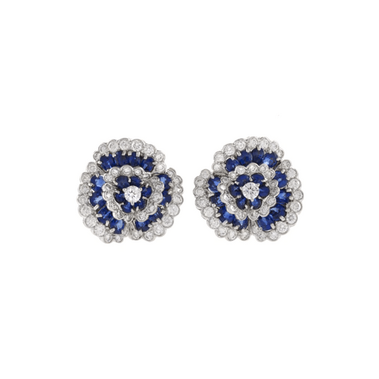 Van Cleef & Arpels Paris 1950s Platinum Sapphire & Diamond Camellia Earrings front