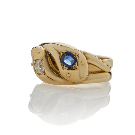 Victorian 18KT Yellow Gold Diamond & Sapphire Snake Ring side