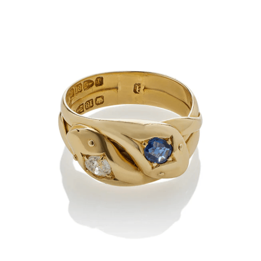 Victorian 18KT Yellow Gold Diamond & Sapphire Snake Ring front and hallmarks