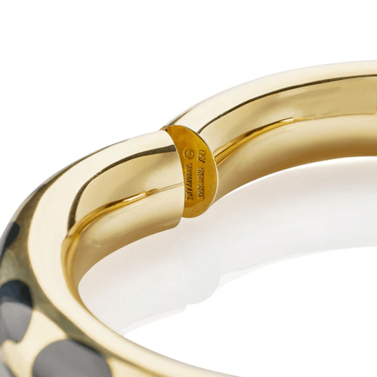 Tiffany & Co. Angela Cummings 1970s 18KT Yellow Gold Jade Bracelet close-up of hinge and signature