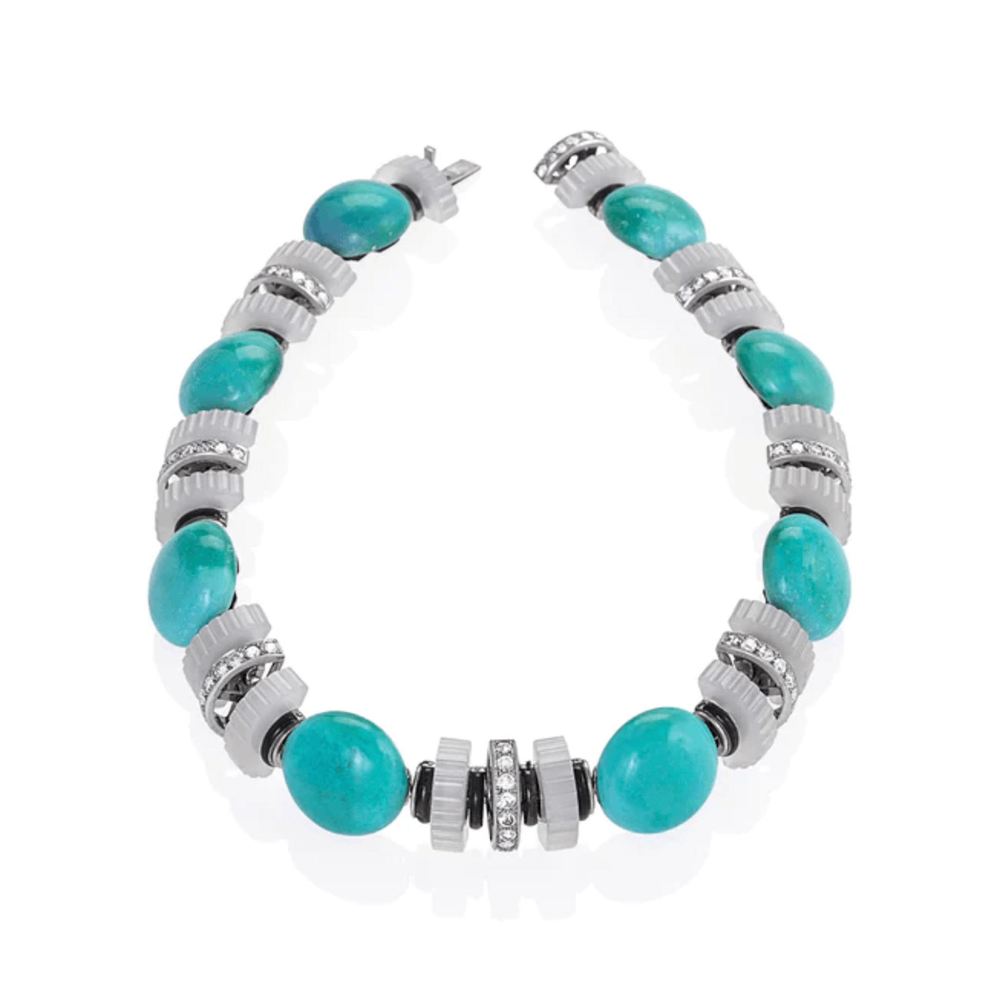 Mauboussin French Art Deco Platinum Diamond, Chalcedony, Enamel, Turquoise Necklace