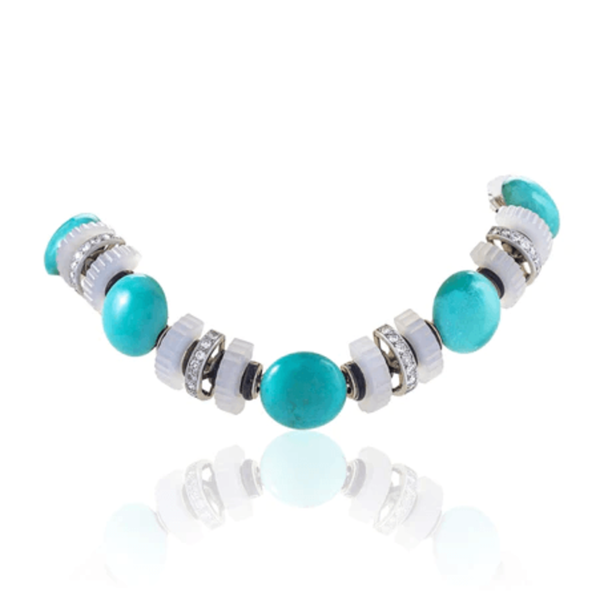 Mauboussin French Art Deco Platinum Diamond, Chalcedony, Enamel, Turquoise Necklace front