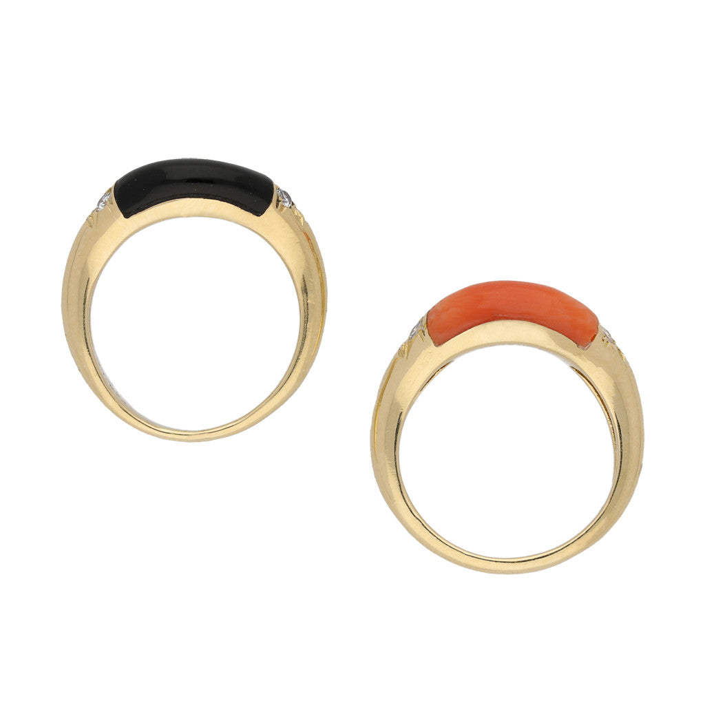 Cartier French 1970s 18KT Yellow Gold Coral, Diamond, Onyx Ring profile