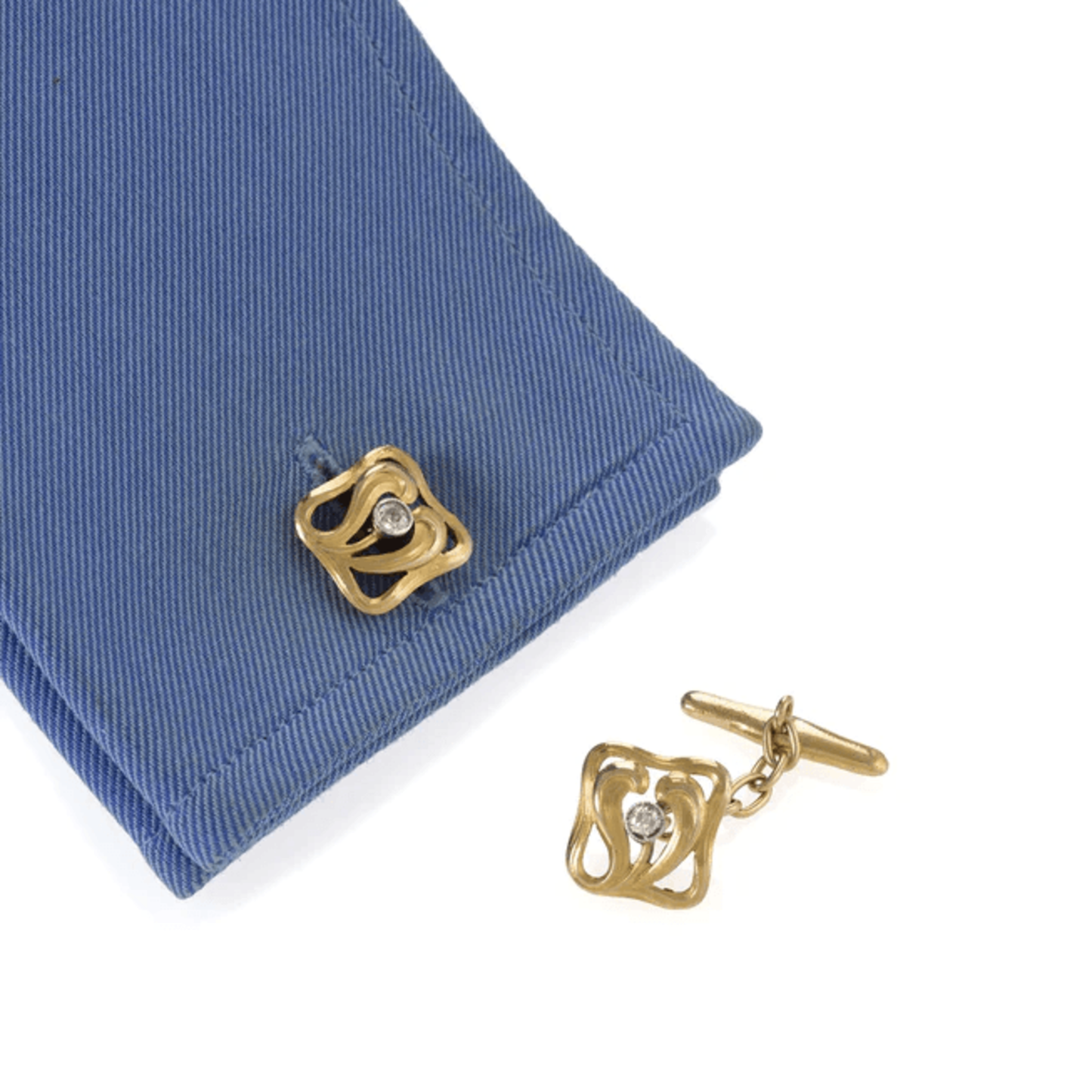 French Art Nouveau Platinum & 18KT Yellow Gold Diamond Cufflinks on cuff