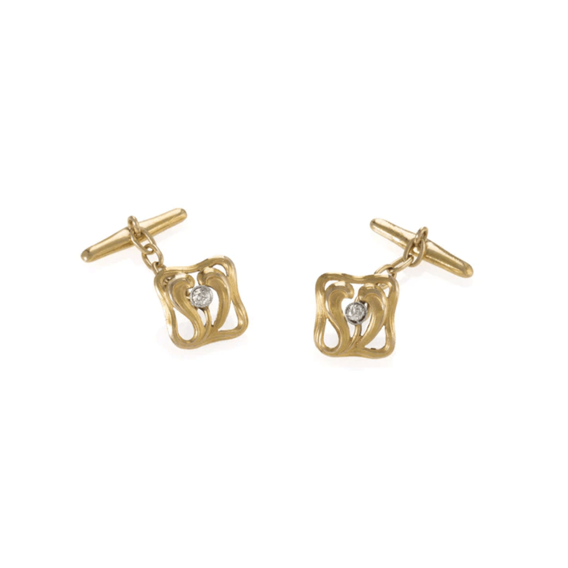 French Art Nouveau Platinum & 18KT Yellow Gold Diamond Cufflinks front