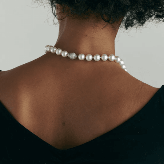 Post-1980s 18KT White Gold Pearl & Diamond Necklace on neck