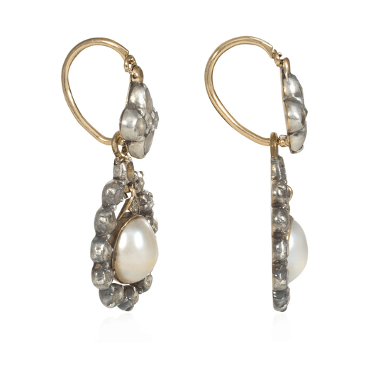 Georgian Silver & 18KT Yellow Gold Diamond & Pearl Earrings side