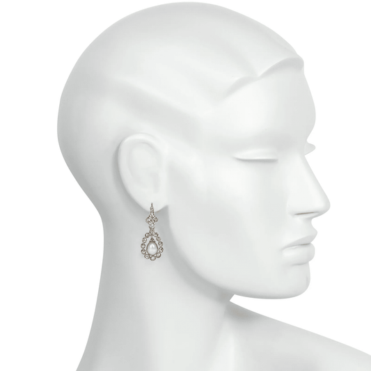 Georgian Silver & 18KT Yellow Gold Diamond & Pearl Earrings on ear