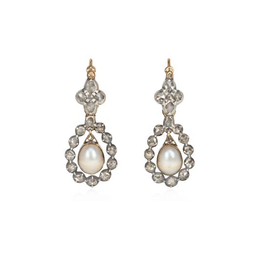 Georgian Silver & 18KT Yellow Gold Diamond & Pearl Earrings front