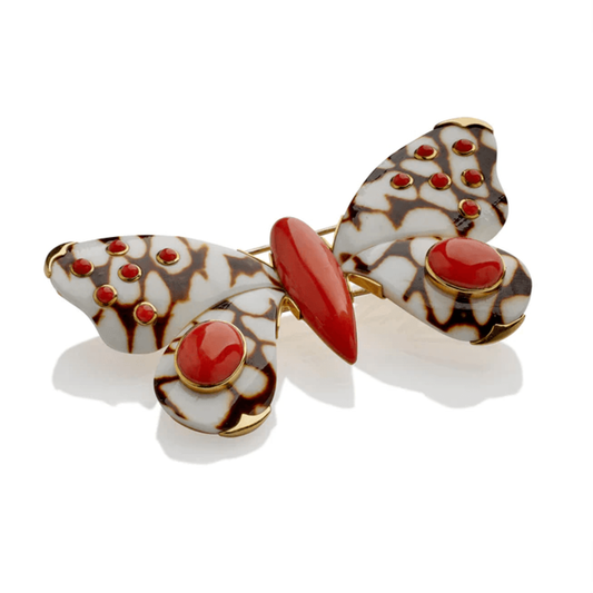 Trianon Post-1980s 18KT Yellow Gold Coral & Shell Butterfly Brooch front
