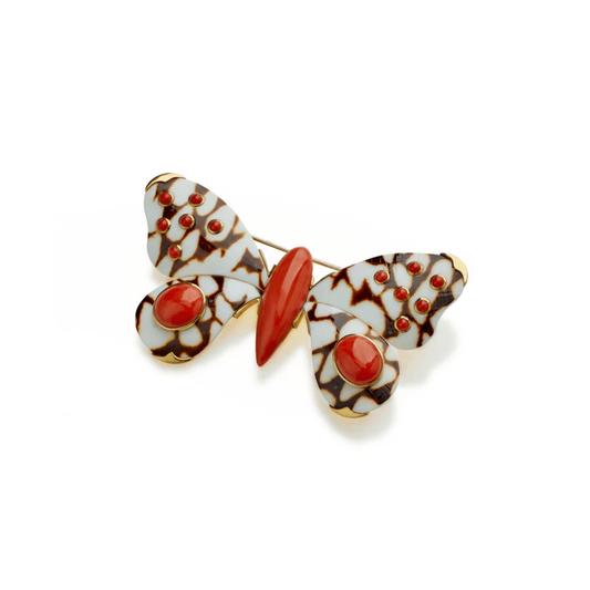 Trianon Post-1980s 18KT Yellow Gold Coral & Shell Butterfly Brooch front