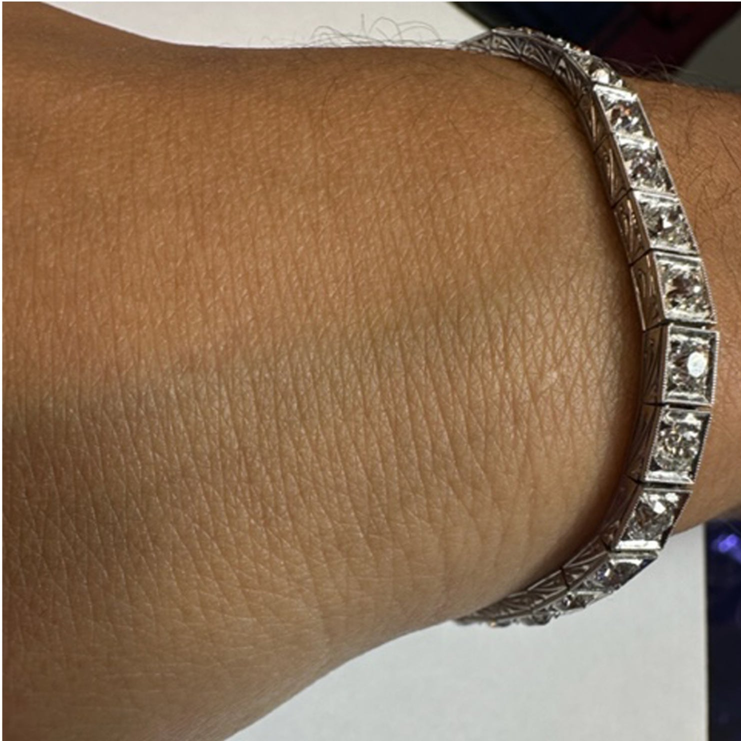 Art Deco Platinum Diamond Bracelet on wrist