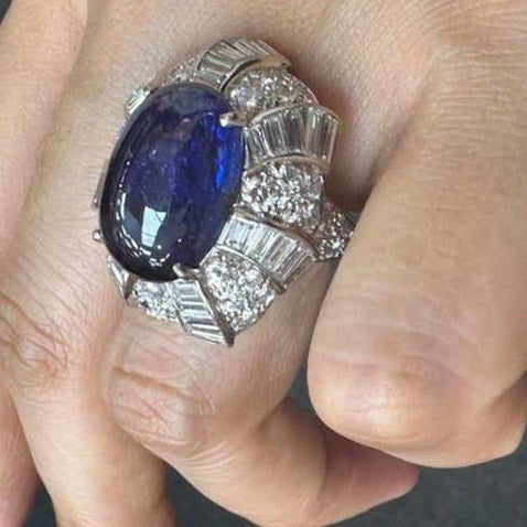 David Webb 1950s Platinum Sapphire & Diamond Ring on finger