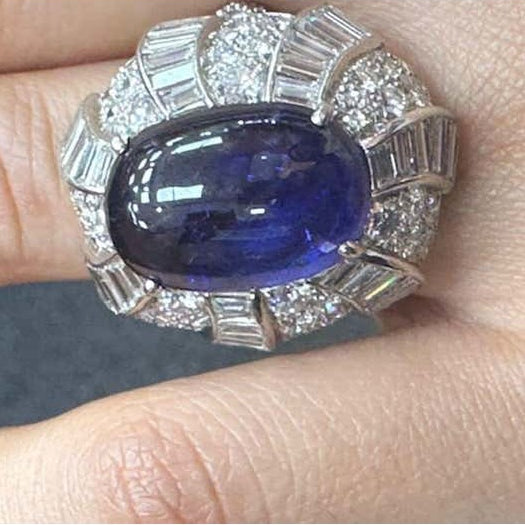David Webb 1950s Platinum Sapphire & Diamond Ring on finger