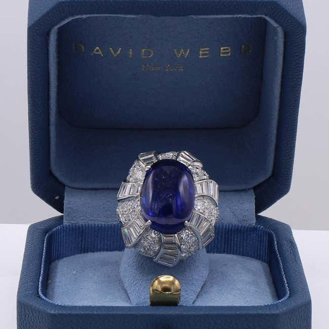 David Webb 1950s Platinum Sapphire & Diamond Ring in box