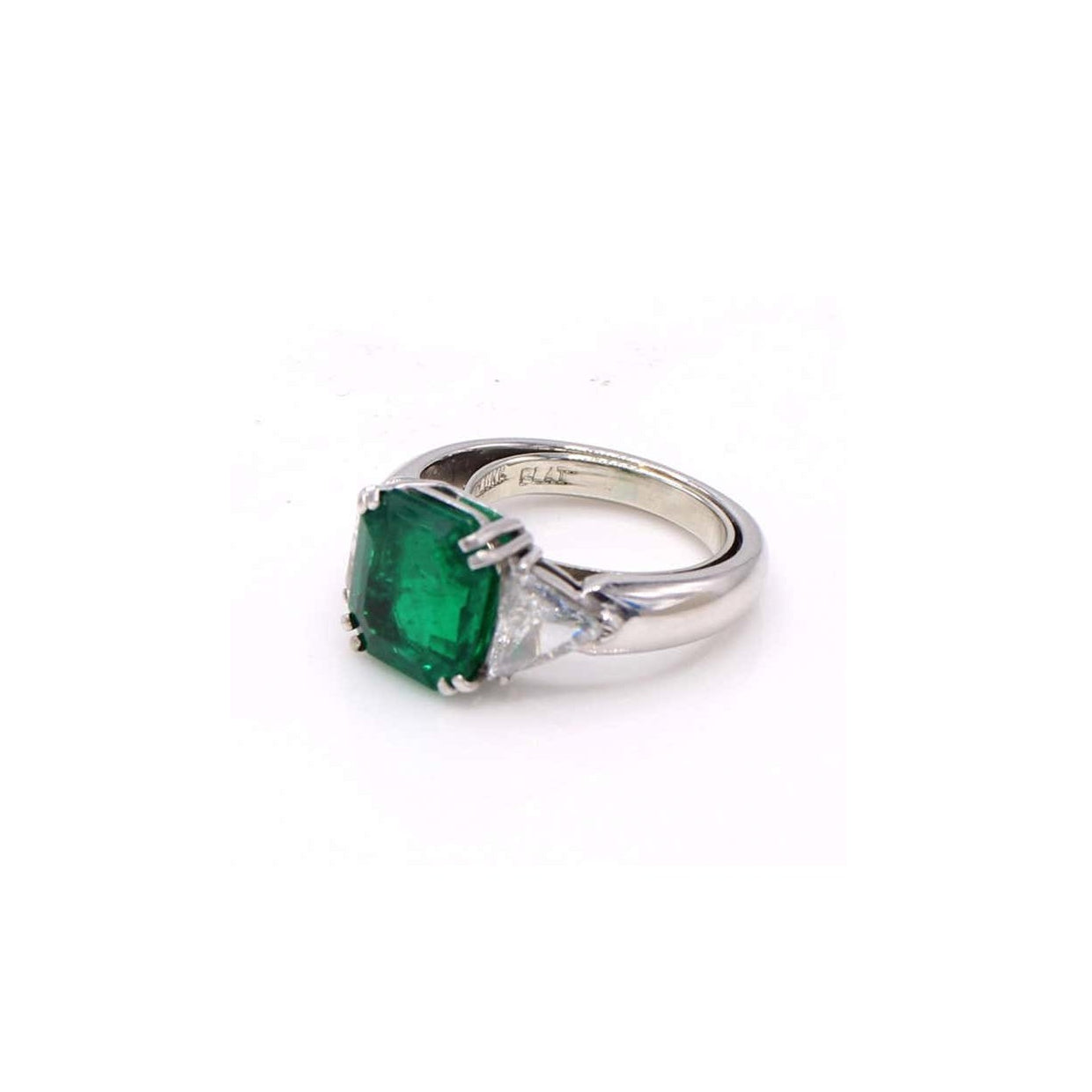 Andrew Clunn Post-1980s Platinum Emerald & Diamond Ring front and side and signature