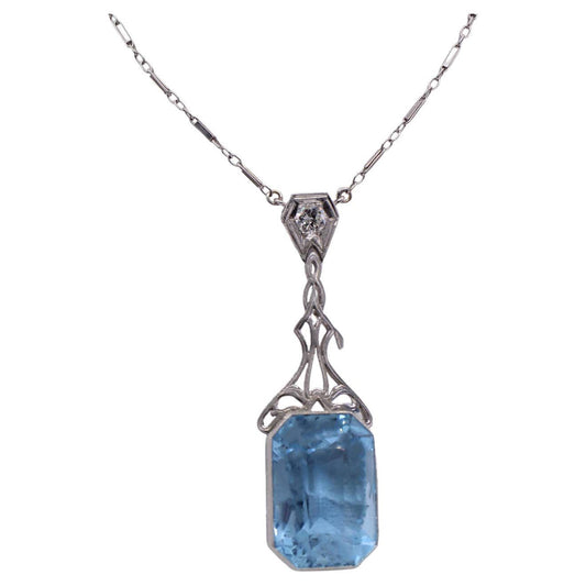 Art Deco Platinum Aquamarine & Diamond Necklace front