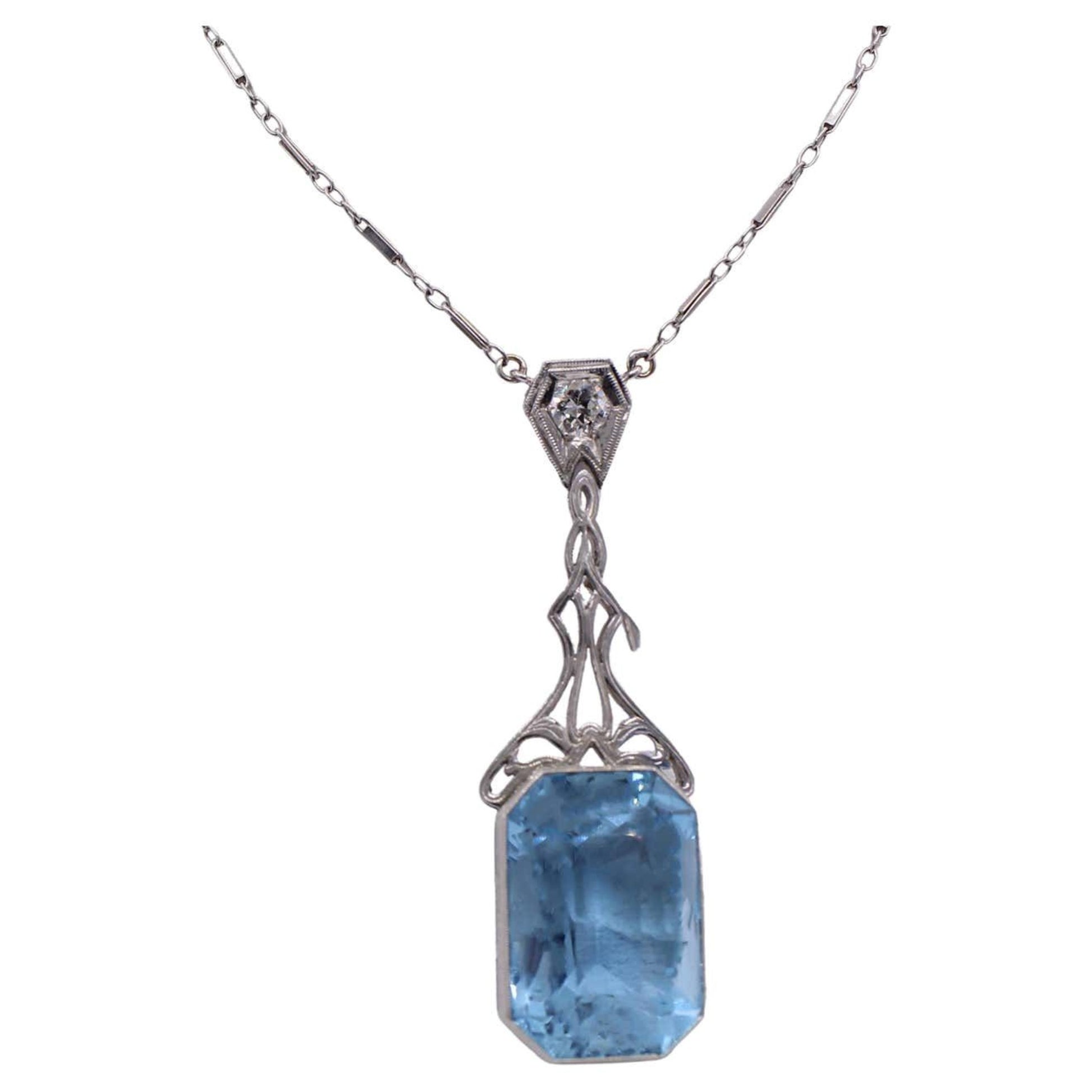 Art Deco Platinum Aquamarine & Diamond Necklace front