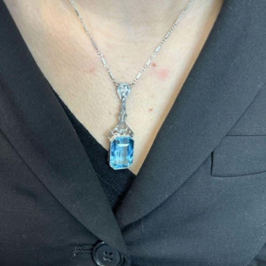 Art Deco Platinum Aquamarine & Diamond Necklace on neck