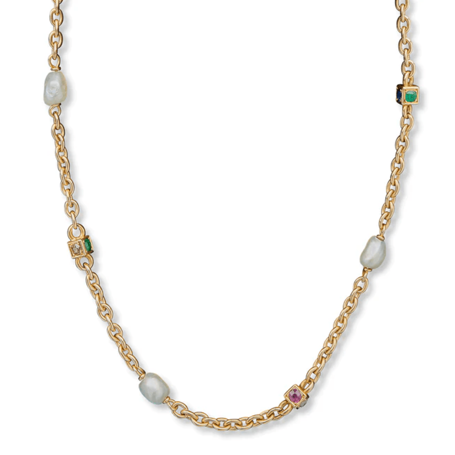 French Victorian 18KT Yellow Gold Diamond, Emerald, Pearl, Ruby & Sapphire Necklace front