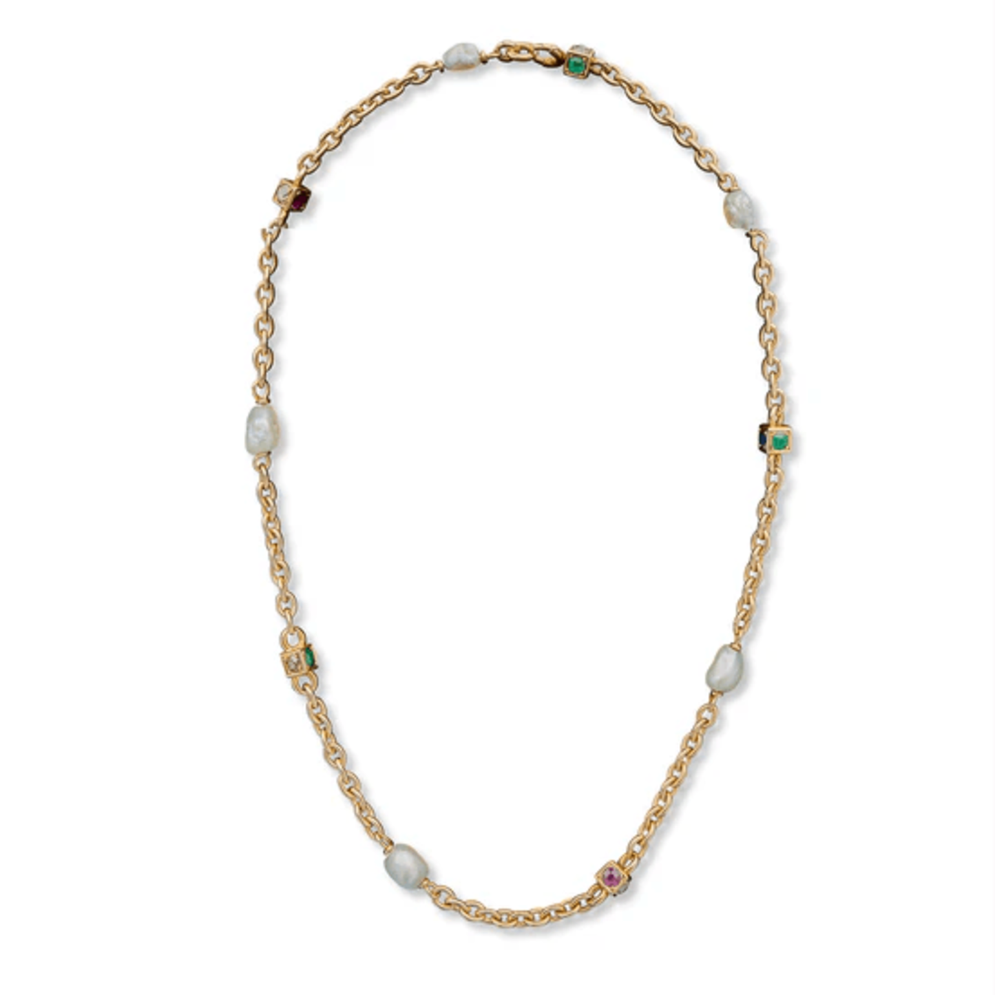 French Victorian 18KT Yellow Gold Diamond, Emerald, Pearl, Ruby & Sapphire Necklace front