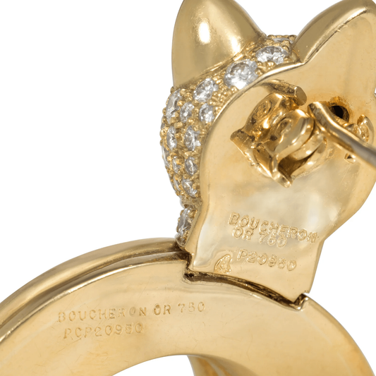 Boucheron French 1960s Platinum & 18KT Yellow Gold Diamond & Enamel Cat Brooch close-up of signature