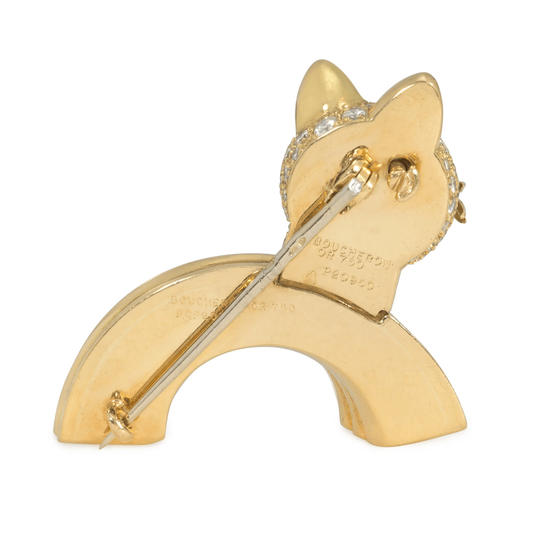 Boucheron French 1960s Platinum & 18KT Yellow Gold Diamond & Enamel Cat Brooch back