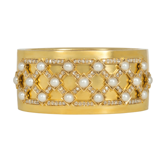 Victorian 15KT Yellow Gold Diamond & Pearl Bracelet front