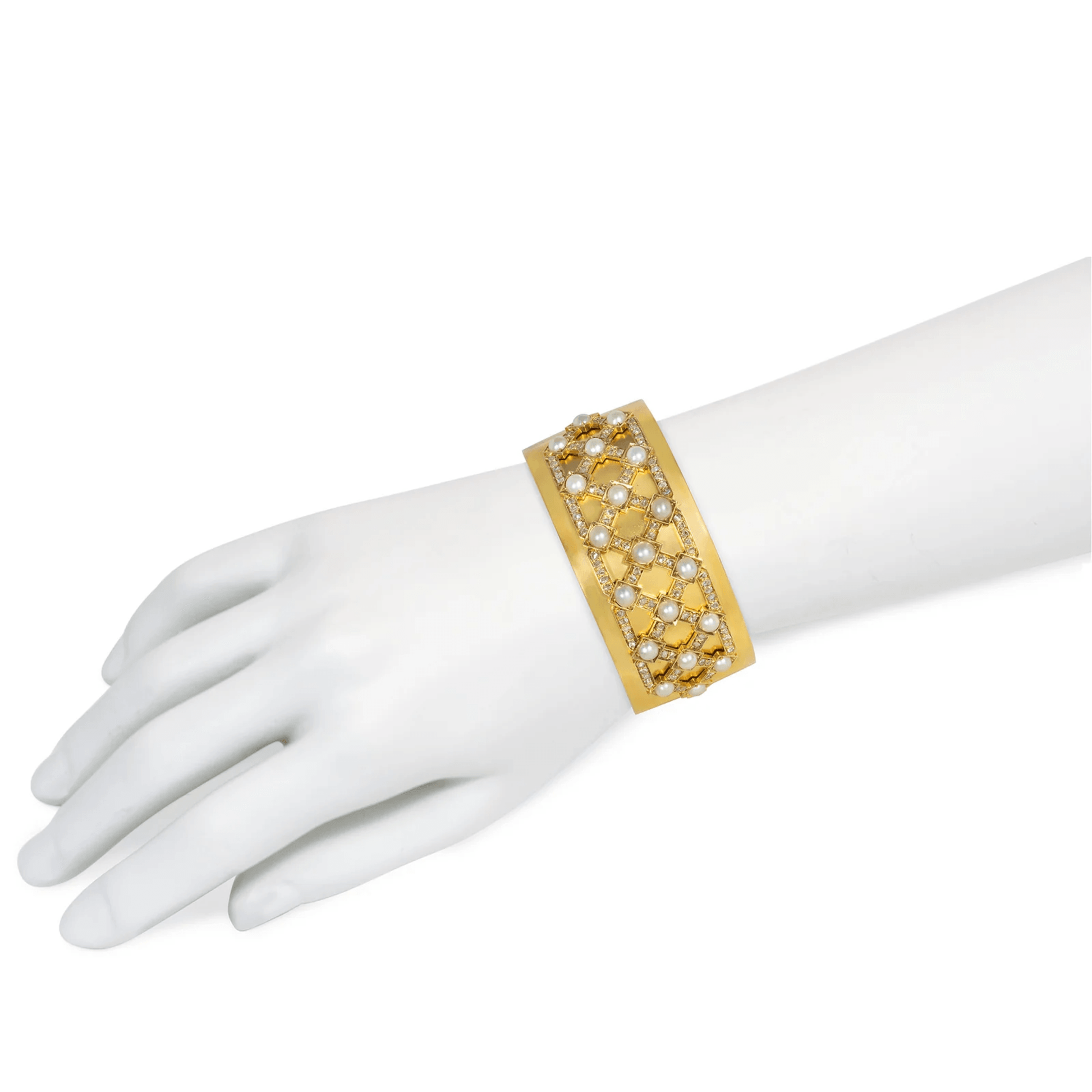 Victorian 15KT Yellow Gold Diamond & Pearl Bracelet on wrist