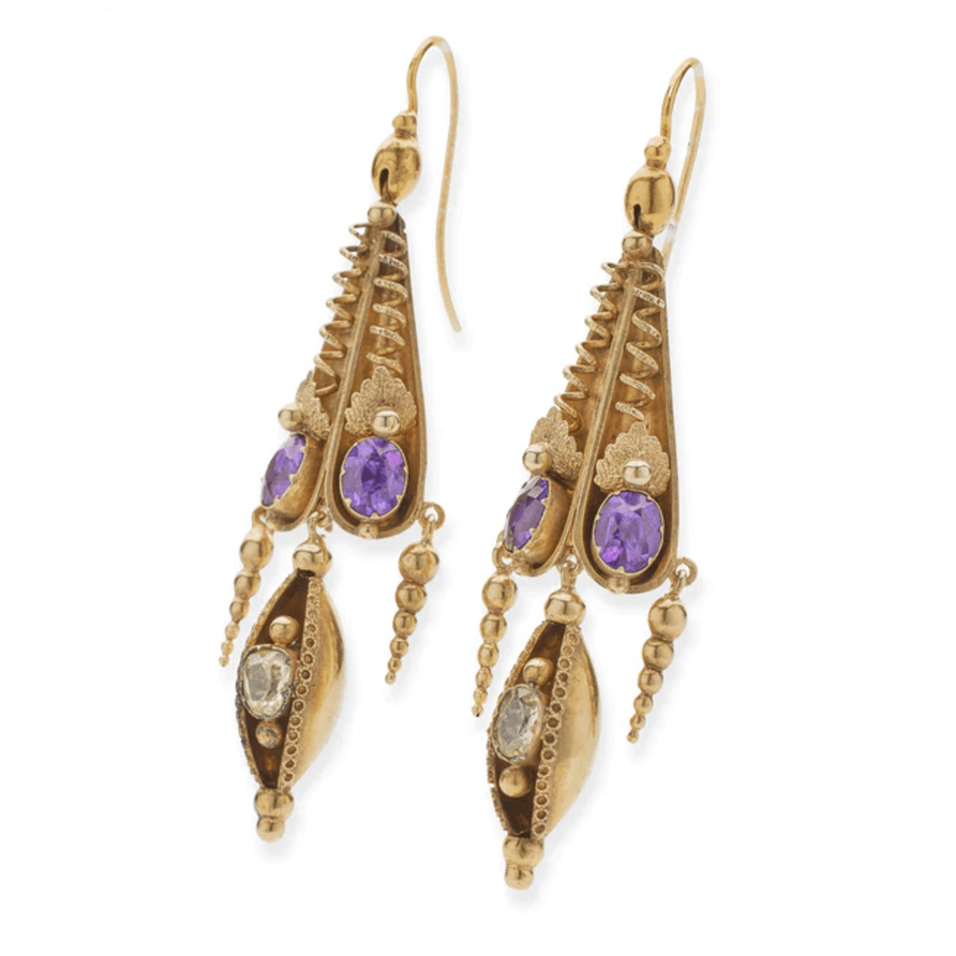 Victorian 15KT Yellow Gold Amethyst & Chrysoberyl Earrings side