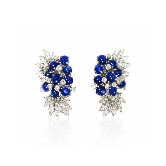 David Webb 1950s Platinum Sapphire & Diamond Earrings front