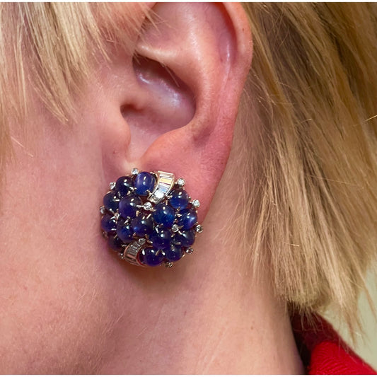 Raymond Yard 1950s Platinum Sapphire & Diamond Earrings on ear