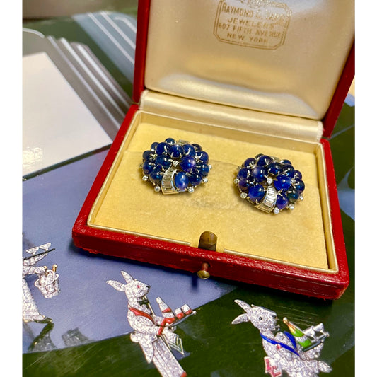 Raymond Yard 1950s Platinum Sapphire & Diamond Earrings in box