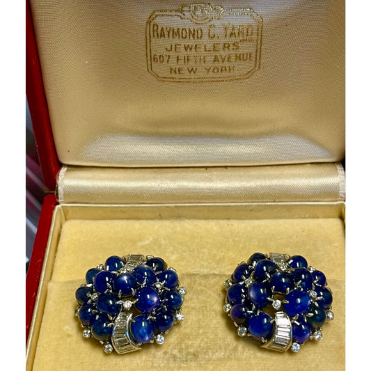Raymond Yard 1950s Platinum Sapphire & Diamond Earrings in box