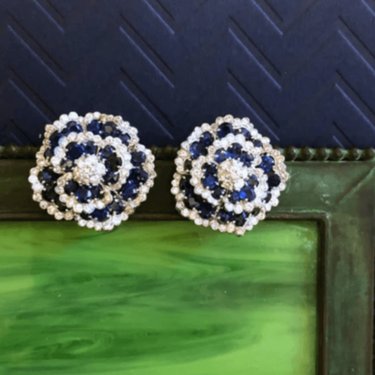 Van Cleef & Arpels 1960s Platinum Diamond & Sapphire Camellia Earrings front
