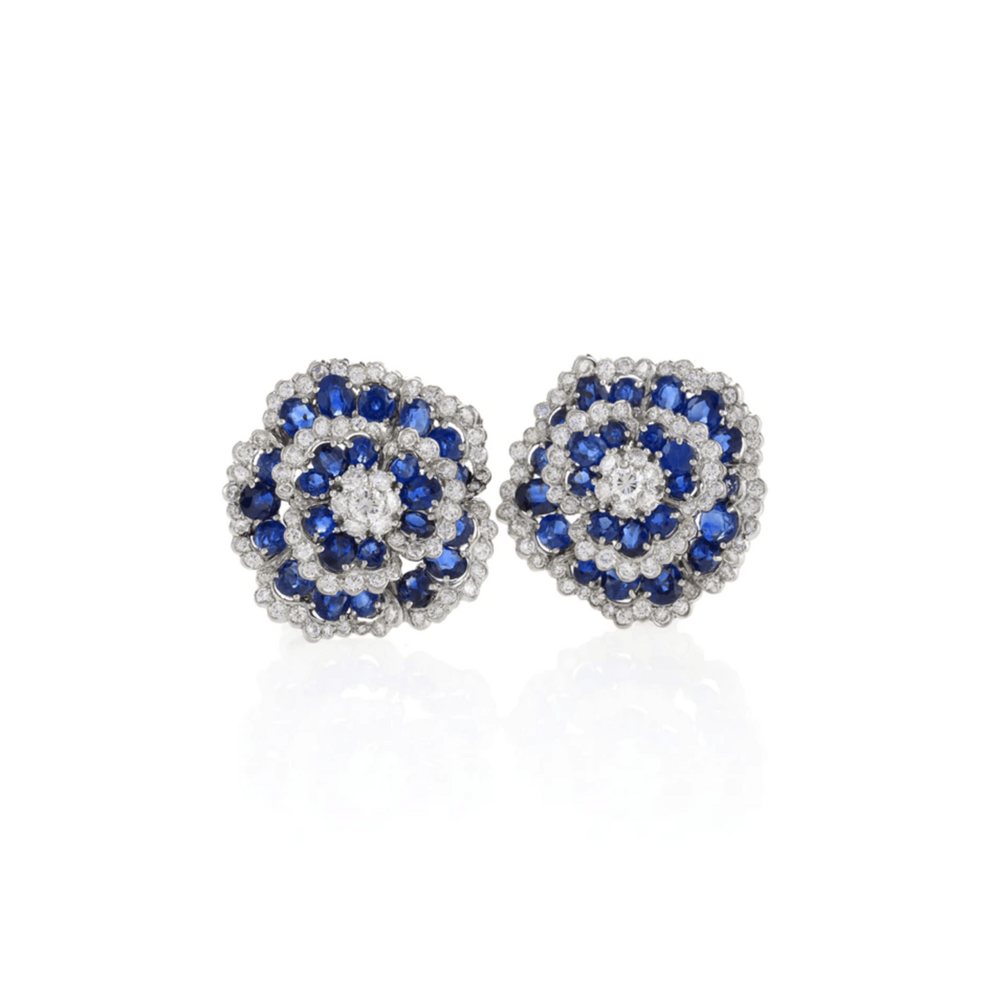 Van Cleef & Arpels 1960s Platinum Diamond & Sapphire Camellia Earrings front