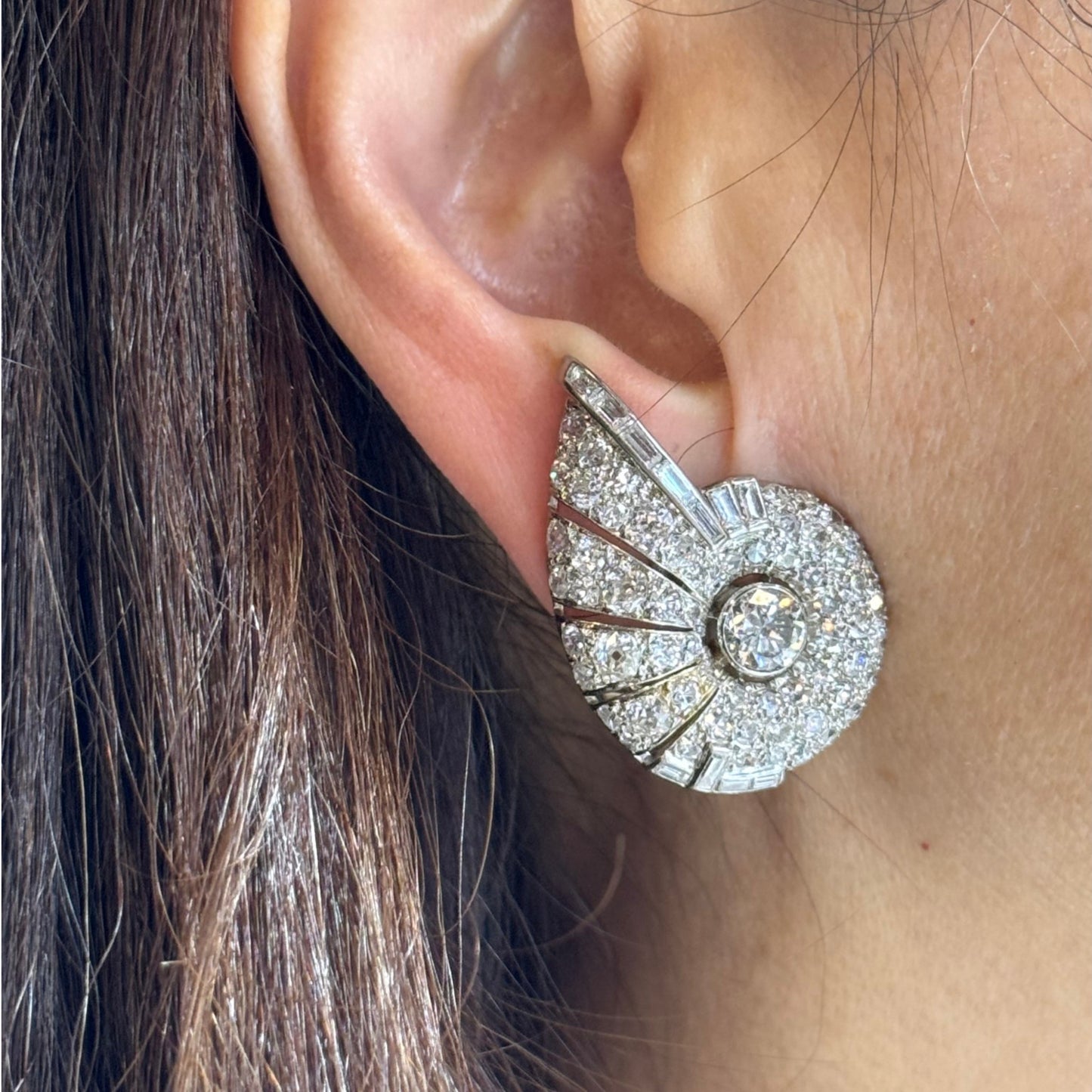 French Art Deco Platinum Diamond Earrings on ear