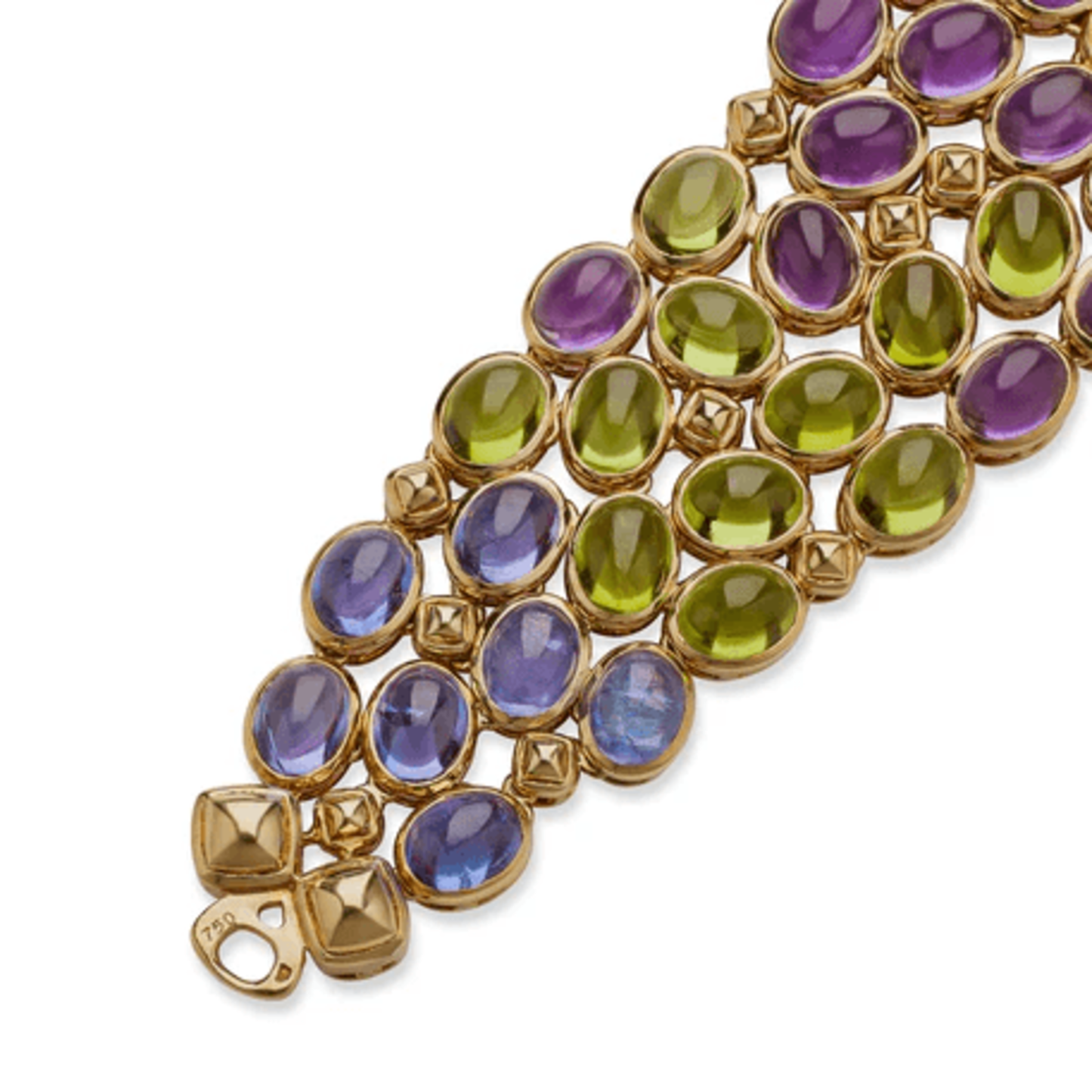 Rene Boivin French 1980s 18KT Yellow Gold Tourmaline, Amethyst, Peridot & Sapphire Bracelet close-up details front