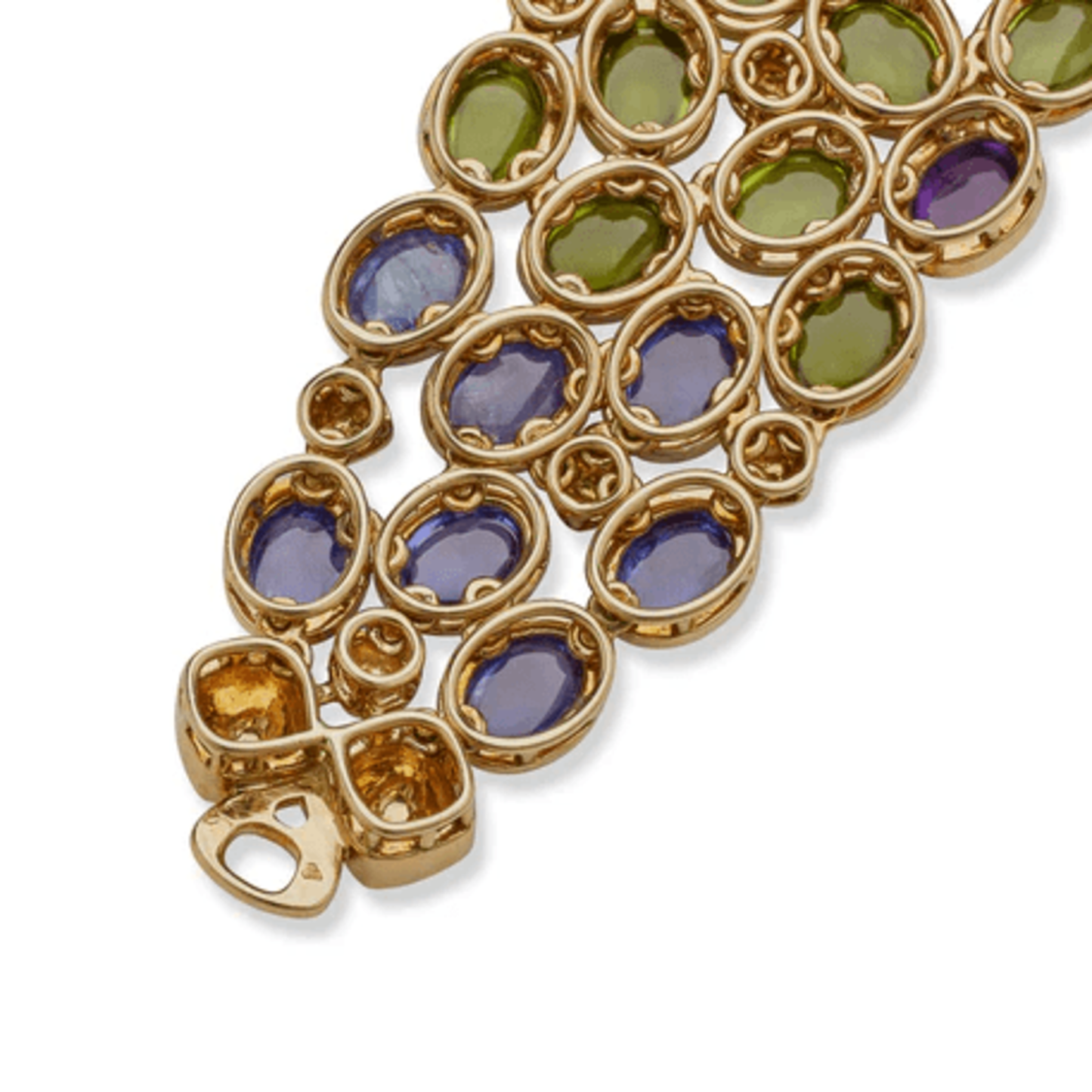 Rene Boivin French 1980s 18KT Yellow Gold Tourmaline, Amethyst, Peridot & Sapphire Bracelet close-up details back