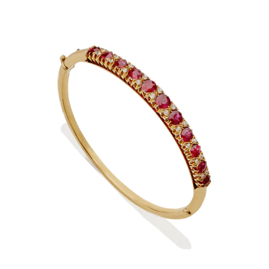 Victorian 18KT Yellow Gold Ruby & Diamond Bangle Bracelet front
