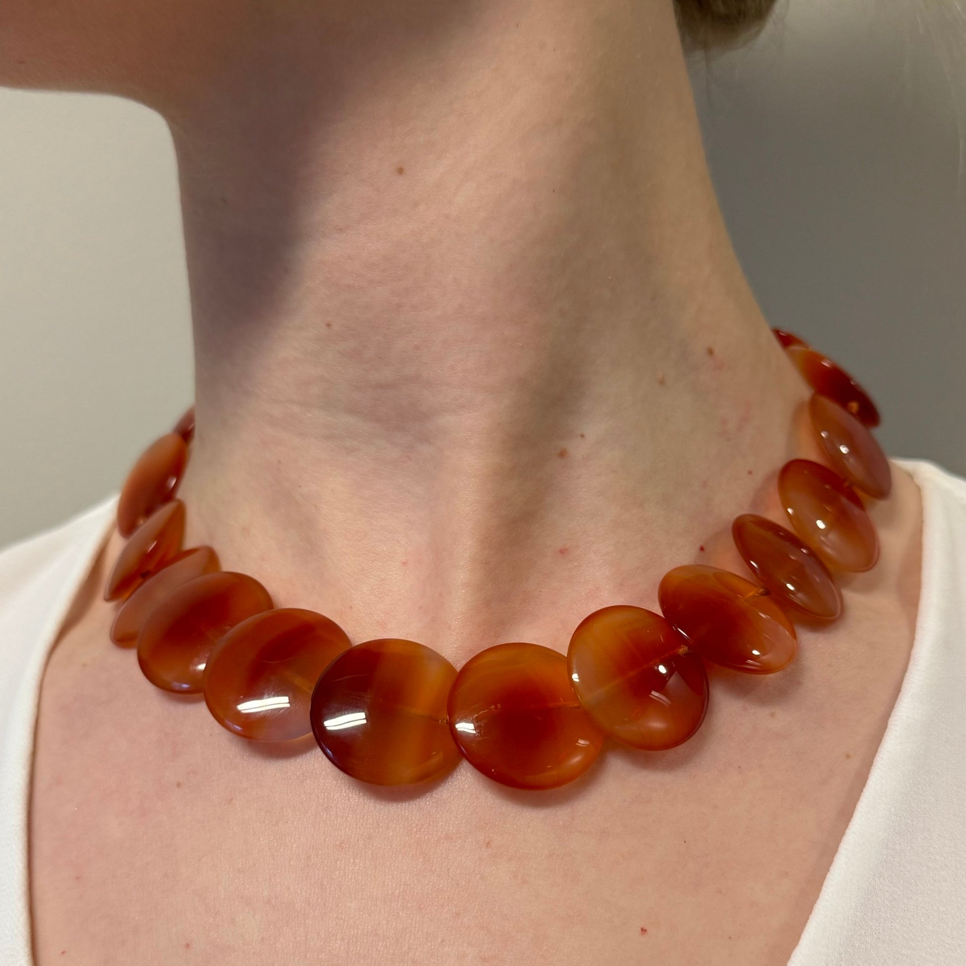 Tiffany & Co. Post-1980s 18KT Yellow Gold Carnelian Agate Necklace on neck
