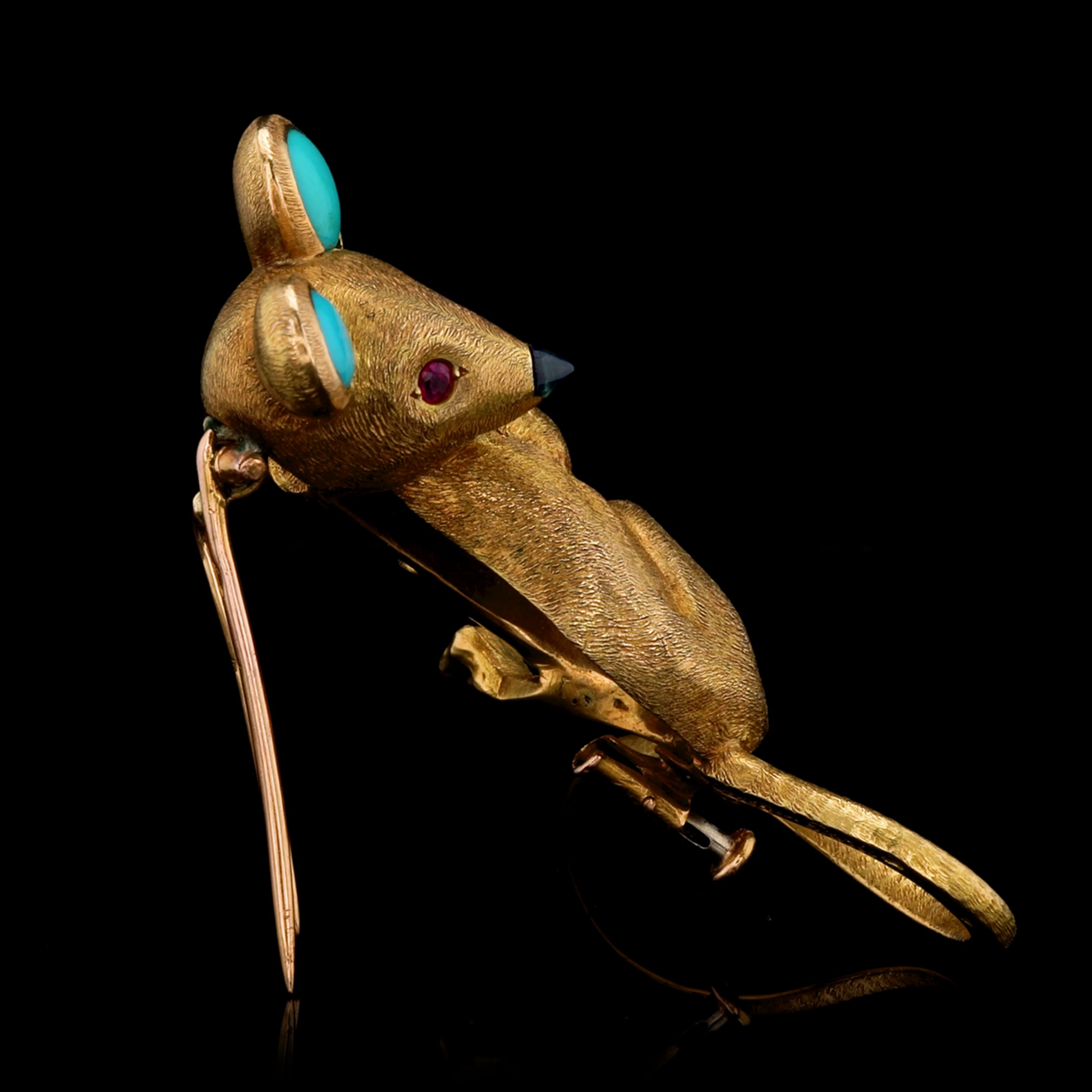 Cartier French 1960s 18KT Yellow Gold Turquoise & Sapphire Mouse Brooch side