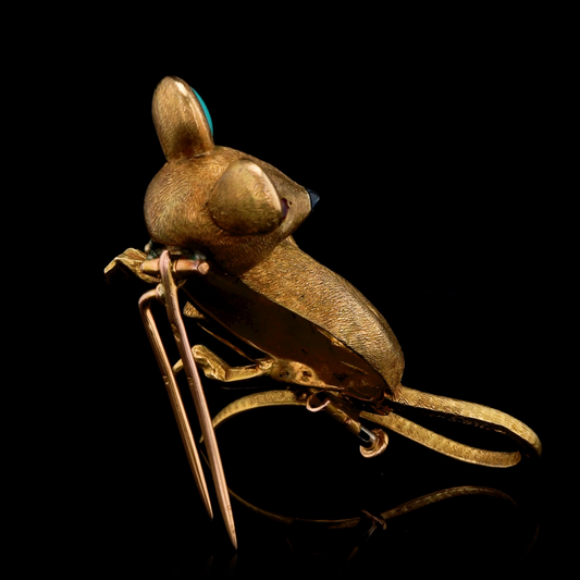 Cartier French 1960s 18KT Yellow Gold Turquoise & Sapphire Mouse Brooch back