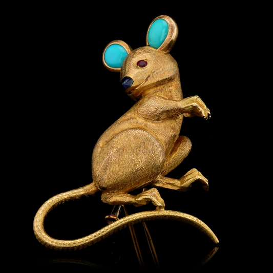 Cartier French 1960s 18KT Yellow Gold Turquoise & Sapphire Mouse Brooch front