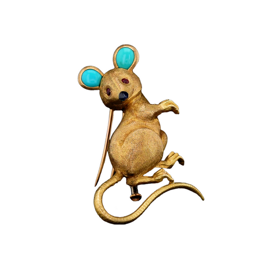 Cartier French 1960s 18KT Yellow Gold Turquoise & Sapphire Mouse Brooch front