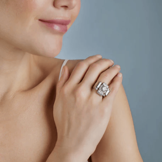 Truche French Retro 18KT White Gold Diamond Ring on finger