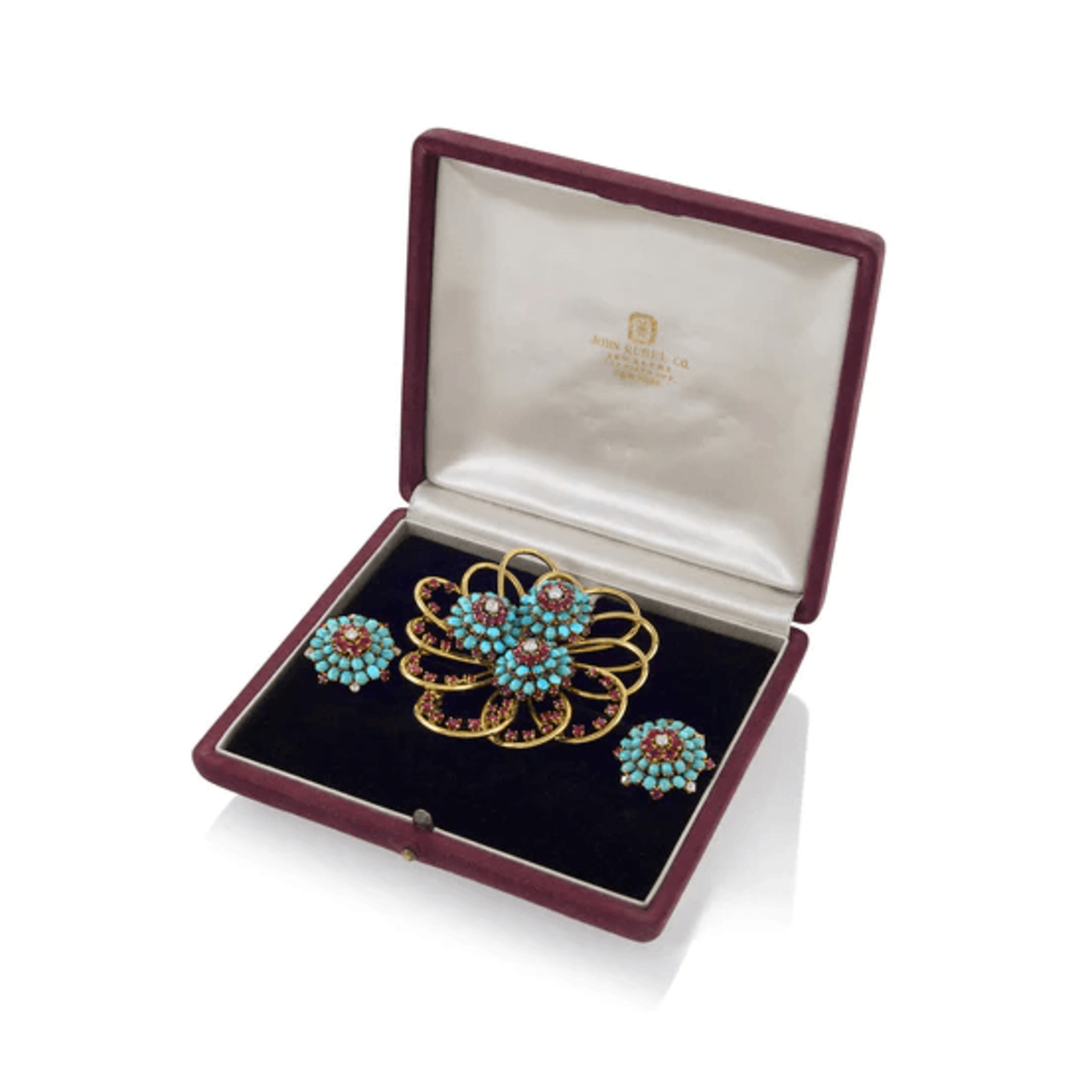 John Rubel Retro 18KT Yellow Gold Turquoise, Diamond & Ruby Set in box