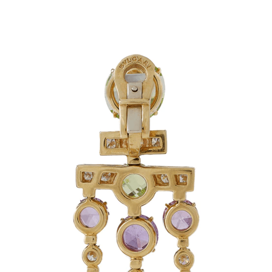 Bulgari Rome Post-1980s 18KT Yellow Gold Diamond, Peridot & Tourmaline Earrings close-up of signature